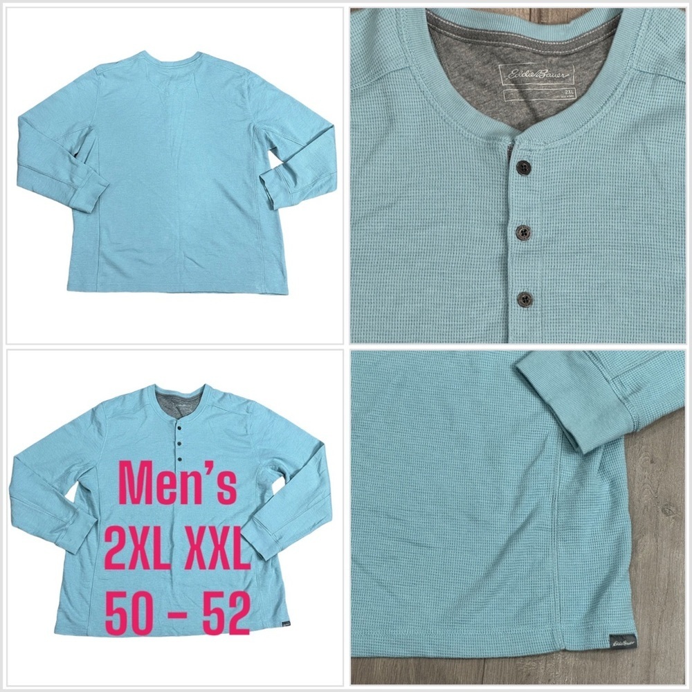 Men’s Eddie Bauer XXL 2XL Henley Crew Long Sleeve Shirt Blue Waffle Knit Stretch